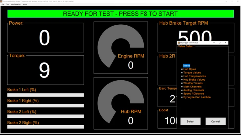 Dynolyze software real time test screen value selection